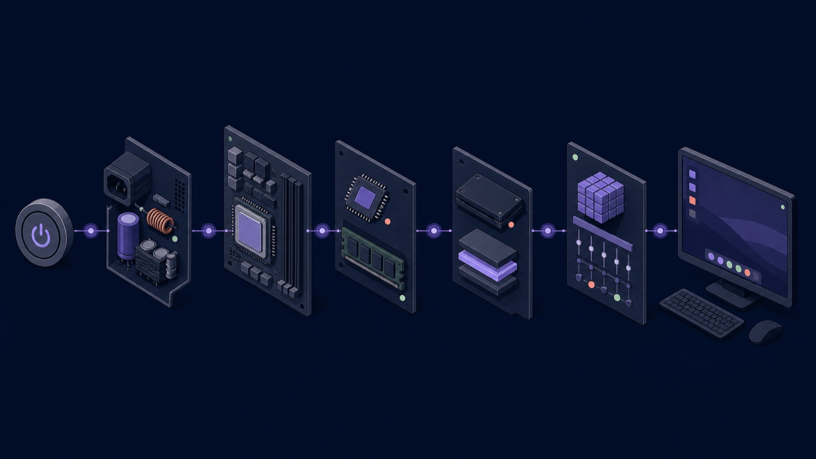 A power button connected through separate layers representing power circuitry, a motherboard and CPU, firmware and memory, storage, operating-system services and a desktop screen.