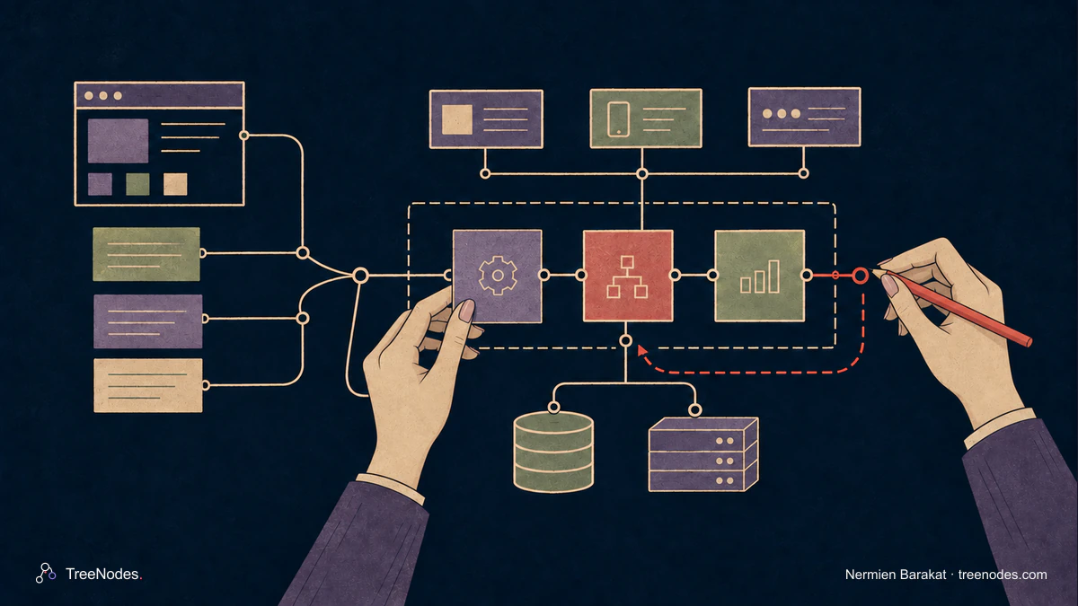 A woman’s hands arrange connected software components and draw a connection with a coral pencil. Illustration by Nermien Barakat for TreeNodes.