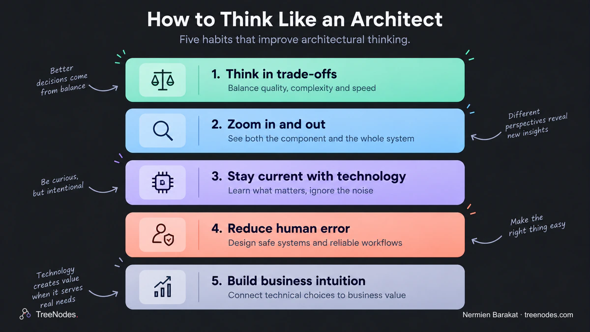 Five habits for architectural thinking: weigh trade-offs, zoom in and out, learn relevant technology, reduce human error, and connect decisions to business value.