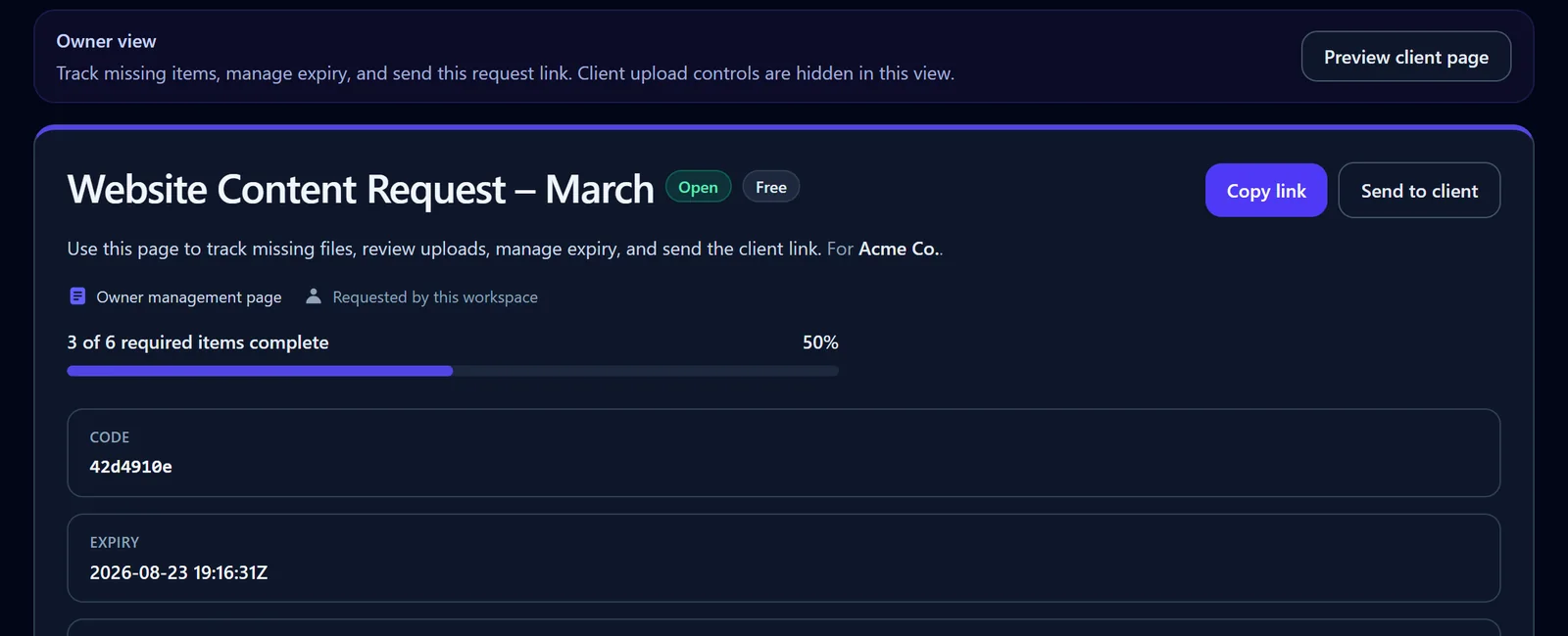 FileTRX owner view showing the status and progress of a sample client request