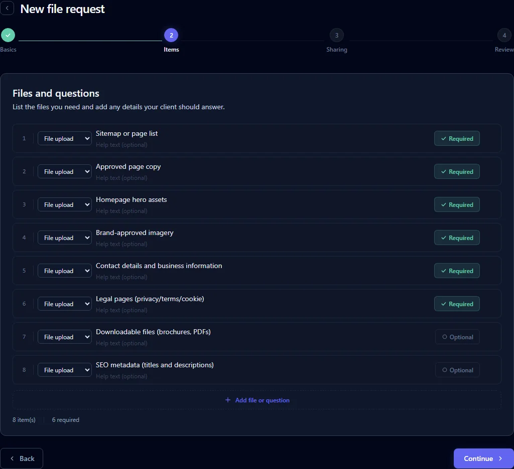 FileTRX request builder listing required and optional files and questions