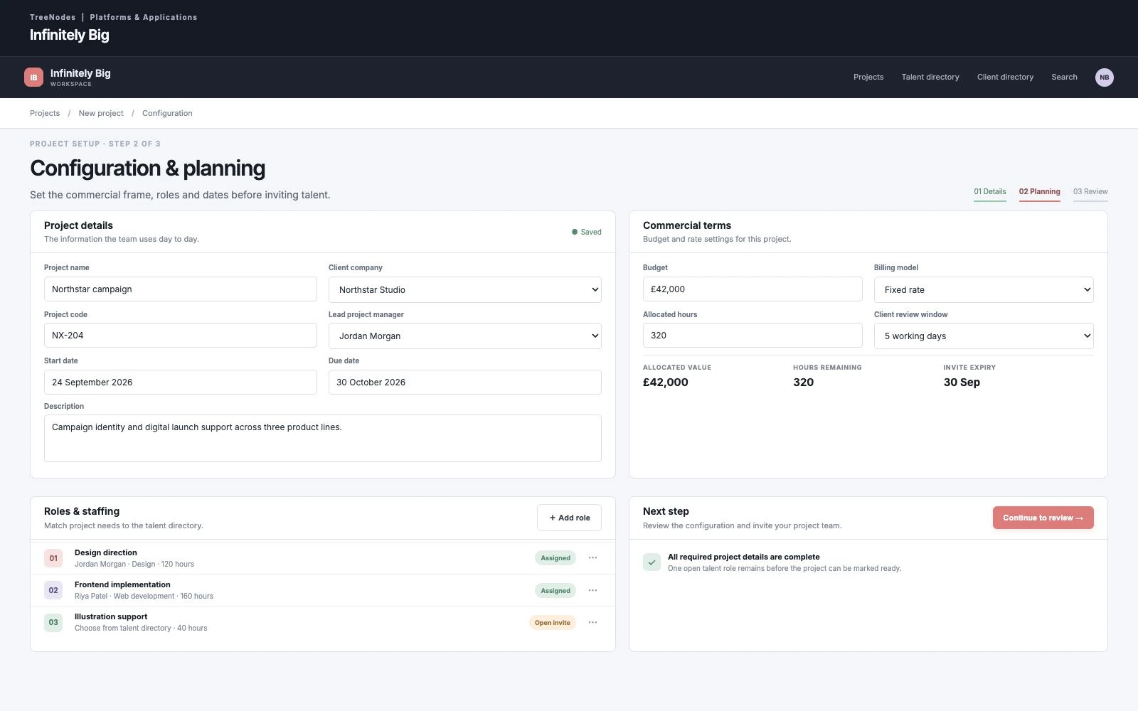 Infinitely Big configuration and planning screen with project details, commercial terms, budgets, allocated hours, roles and staffing, using fictional demonstration records.