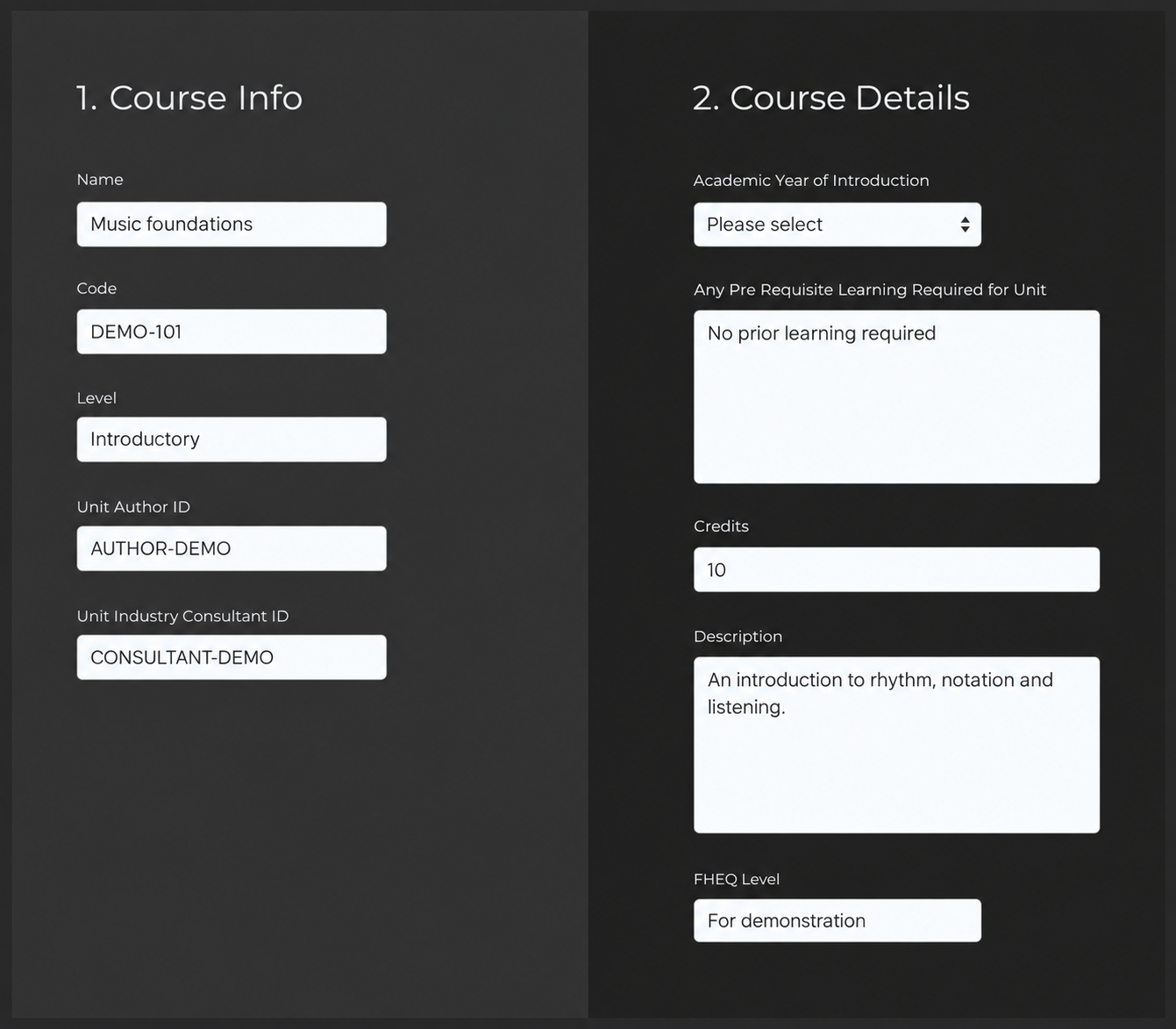 Edited music-platform curriculum editor with course information, prerequisites and course details