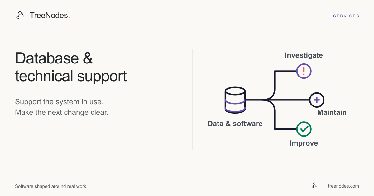 TreeNodes support service: the database and application connect to issue resolution, maintenance and improvements.