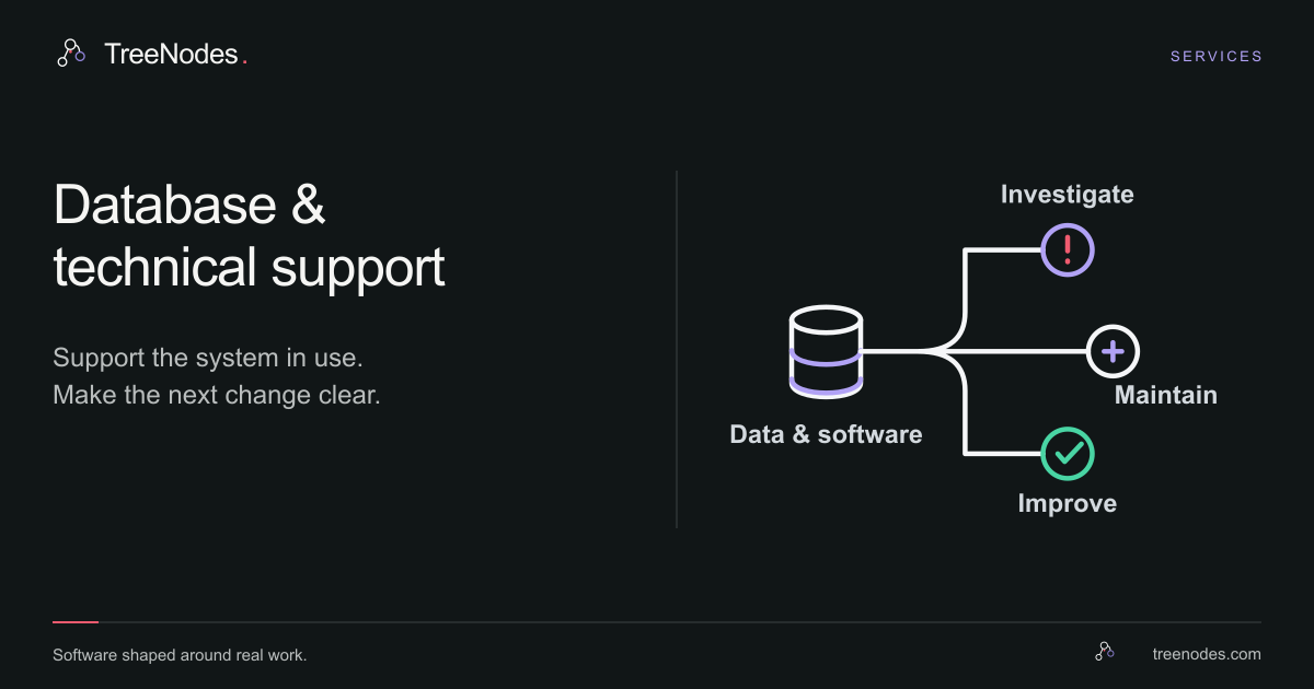 TreeNodes support service: the database and application connect to issue resolution, maintenance and improvements.